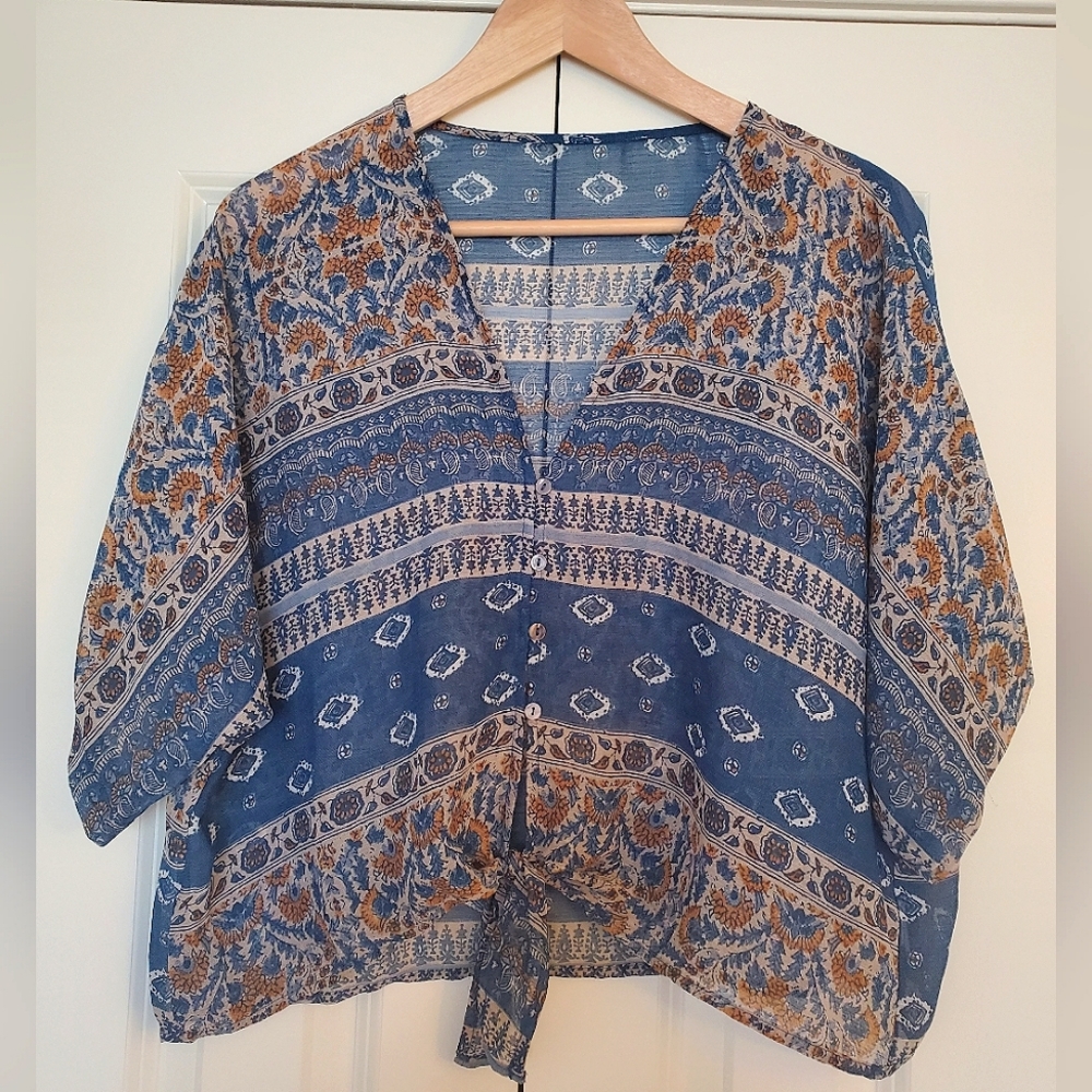 Olivaceous Floral Bohemian Style Blouse | S | Blue